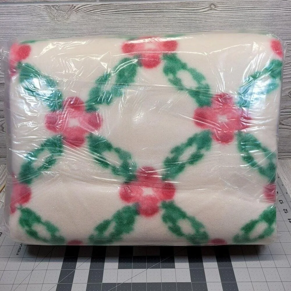 Golden Dawn Wedding Rose Wreath Greenery Pink Flower Blanket 72x90 Penney's Vtg‎